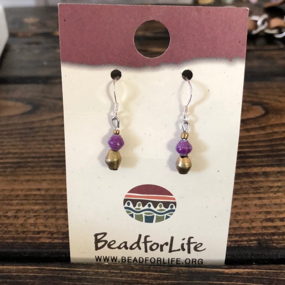 Bead for Life Purple/Brass Drop Boho Earrings